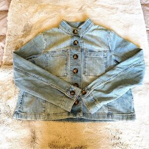 J. Jill Light Blue Denim Jacket with Button Details Mock Collar Size L